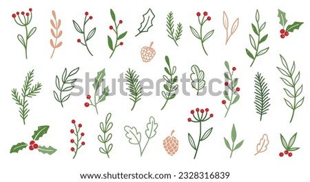 Christmas plant leaf, flower set. Hand drawn doodle sketch holly floral, christmas tree leaves, winter branch elements. Holiday decoration, rustic wreath sketch doodle. Vector illustration.
