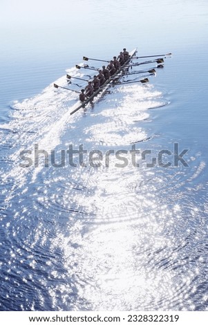 Rowing team rowing scull on sunny lake Royalty-Free Stock Photo #2328322319