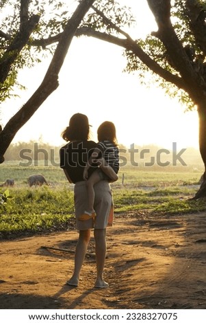 A mother carries her child while looking at the sun sets over a scenic field with water buffaloes or carabaos 