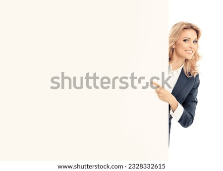 Business woman stand beehind, peep out blank empty banner with copy space, isolated white background. Executive person, confident businesswoman, bank manager show, point ad banner, advertise concept.