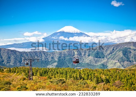 Ropeway and view of Mountain Fuji from Owakudani, Hakone. Japan. Royalty-Free Stock Photo #232833289