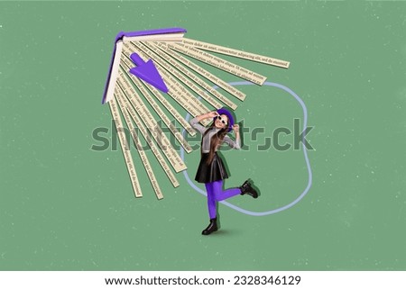 Artwork collage picture of positive mini girl fashion clothes big opened book arrow pointer isolated on khaki background
