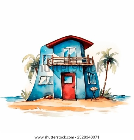 Tiny bright surfers house illustration isolated on the white background watercolor style sunny weather