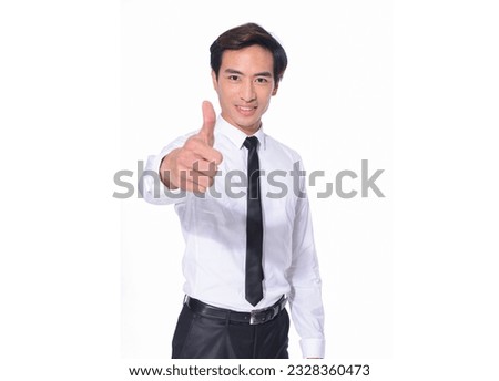 young businessman  in white shirt with tie with  thumb up,posing on white background