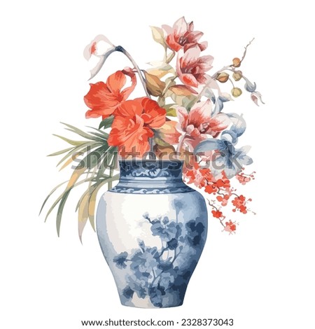 Floral arrangement with chinoiserie vintage vase in watercolor illustration Royalty-Free Stock Photo #2328373043