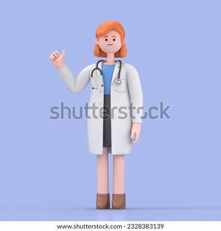 3D illustration of Female Doctor Nova shows thumb up. Medical clip art isolated on blue background. Best choice concept. Health care recommendation metaphor
