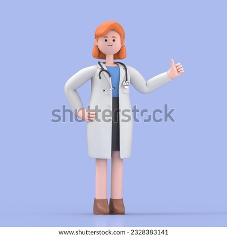 3D illustration of Female Doctor Nova shows thumb up. Medical clip art isolated on blue background. Best choice concept. Health care recommendation metaphor
