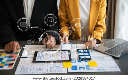 UX graphic designer planning application process development prototype wireframe for web smart phone. Creative digital with VR icon Royalty-Free Stock Photo #2328384017