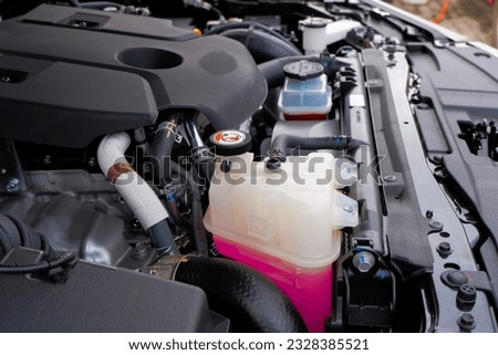radiator reservoir tank car engine coolant anti-coolant and anti-freeze, pink coolant Royalty-Free Stock Photo #2328385521
