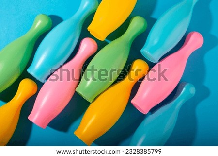 bowling pins on the playing field. bowling pins on the track. bowling background. Active leisure. Sport game. Bowling game equipment concept. copy space. Close up.