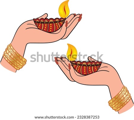 Beautiful wedding clip arts or Deepawali clip arts with Deepak or lamp in hands of girls, vector illustration color symbol. 