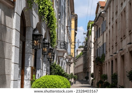  the famous Via della Spiga, one of the streets in the historic center of Milan that bounds the so-called "fashion quadrilateral" and is the street par excellence of luxury shopping. No people. Royalty-Free Stock Photo #2328403167