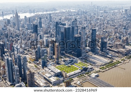 New York City skyline aerial view of Manhattan Hudson Yards neighborhood skyscraper traveling in the United States