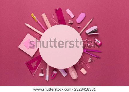Various school stationery with space for text on color background, top view