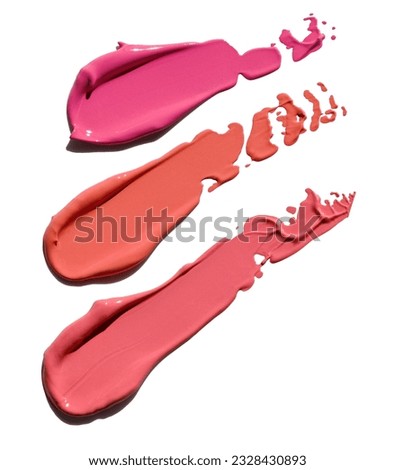 pink lipstick smear, acryl gel, glossy pink nail polish, cosmetics beauty product texture, liquid blush, lipstick, lipgloss swatches Royalty-Free Stock Photo #2328430893