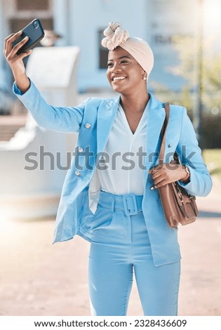 Black business woman, selfie and smile in street with fashion, beauty and post for social network app. Happy African entrepreneur, photography and profile picture for web blog with suit in metro cbd