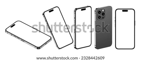 Smartphone side view. 
Phone view in front. 
Phone 14 back side.
The smartphone is on a white background. Phone screen.
3d render Mockup mobile.  Royalty-Free Stock Photo #2328442609
