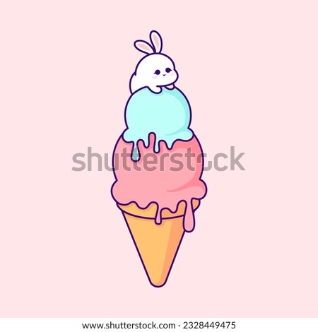 Cute Ice Cream with Bunny. Vector Clip Art Illustration. Delightful vector clip art illustration showcasing a cute ice cream with a bunny in bright colors, inspired by the kawaii style.