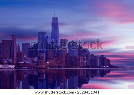 New York City Manhattan downtown skyline at dusk with skyscrapers over Hudson River, USA