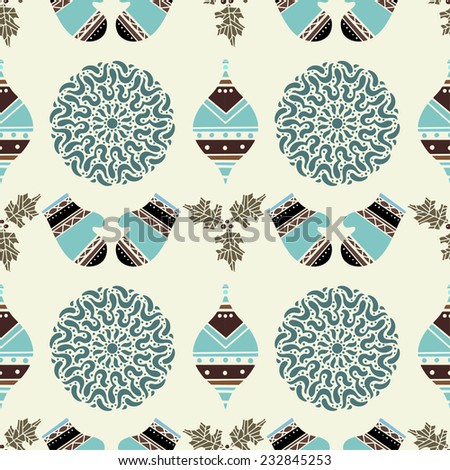 Holiday vintage Christmas seamless pattern with snowflakes, balls, holly, mittens. New Year ornament. Cloth design. Wallpaper