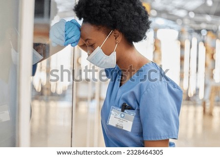 Surgeon pain, depressed or black woman tired after medicine fail, hospital crisis or nurse mistake. Doctor, burnout or African female nurse overwhelmed with medical risk, anxiety or leaning on window Royalty-Free Stock Photo #2328464305