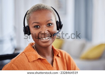 Black woman, call center and portrait with headphones for consulting, telemarketing or working remote at home. Face of happy African female person, consultant or agent with headset for online advice Royalty-Free Stock Photo #2328464519