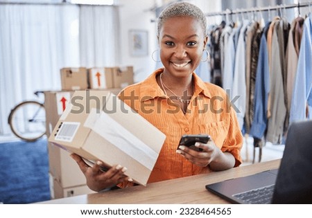 Phone, portrait or black woman with box for delivery, shipping package or ecommerce logistics. Online sale, stock or happy business owner with product label or store order for mobile courier service Royalty-Free Stock Photo #2328464565