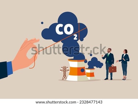 Holding pulling the Carbon, Reducing CO2 Level. Stop air pollution, co2, ecological problems. Cutting harmful industry emissions. Vector illustration Royalty-Free Stock Photo #2328477143
