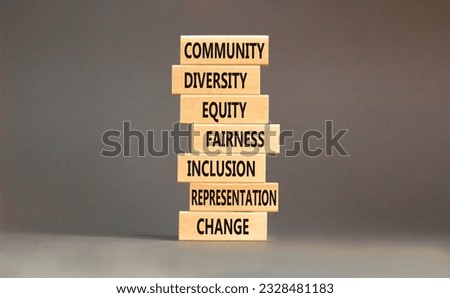 Diversity inclusion symbol. Concept words Community Diversity Equity Fairness Inclusion Representation Change on wooden block. Beautiful grey background. Diversity equity inclusion concept. Royalty-Free Stock Photo #2328481183