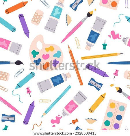 Vector seamless pattern with art supplies. Paint tube, pencil, crayons, color palette, brushes, hand drawn in white background. Cartoon flat style.