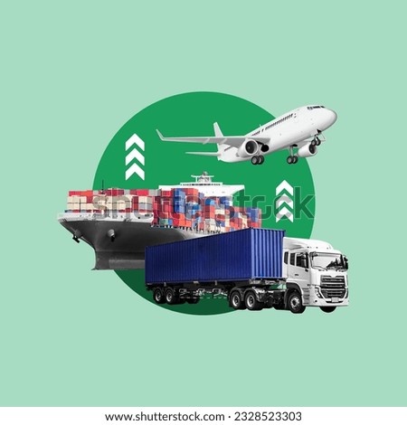 nearshoring, international shipping, plane, container ship, shipping plane, geographic proximity, relocation of shipments, relocate, logistical advantages, reduce shipping costs, concept, collage art Royalty-Free Stock Photo #2328523303