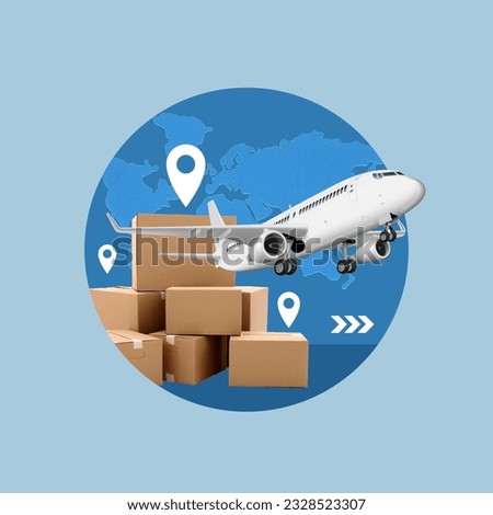 international shipping, shipping by plane, packages, worldwide shipping packages, worldwide delivery, fast, shipping by air, concept, collage art, photo collage