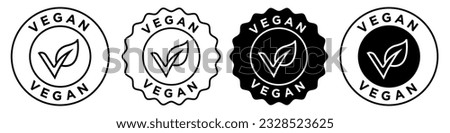 Vegan icon badge style emblem stamp vector set collection for web app ui use. Natural organic vegetarian diet food symbol. Health friendly plant based product packaging sticker.   Royalty-Free Stock Photo #2328523625