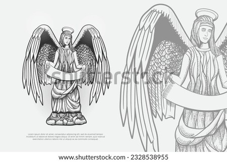 Illustration of a statue of an angel girl with wings and a halo who holds a ribbon banner in her hands where there is a place for text in a retro vintage style.