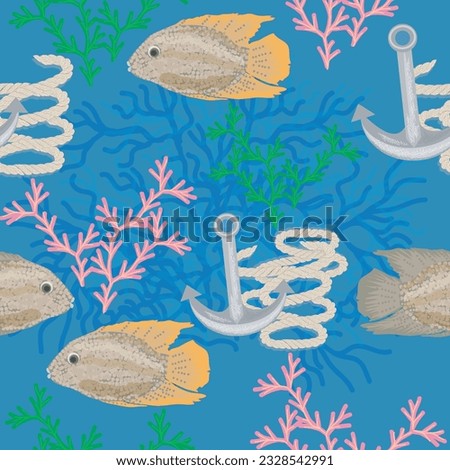Seamless marine pattern with fishes, corals and anchor. Vector graphics for fabric, background or paper
