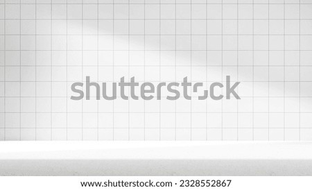 White empty marble countertop design white tile wall, kitchen countertop background tile wall for products and design Royalty-Free Stock Photo #2328552867