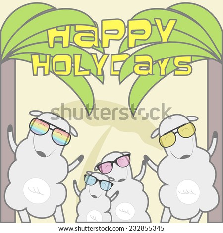 Happy Holidays greeting card with sheep family on the beach. Vector illustration