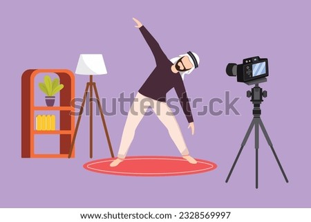 Character flat drawing happy young Arabian man doing exercise on mat with camera. Shooting video for blog on video camera. Online training logo, icon. Sport at home. Cartoon design vector illustration