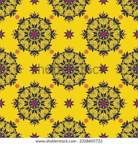 Ethnic floral colorful yellow pattern. Vector ethnic floral drawing round geometric shape seamless pattern. Ethnic floral pattern use for fabric, textile, home decoration elements, upholstery, etc.