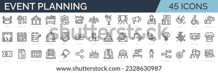 Set of 30 line icons related to event planning, organisation. Outline icon collection. Editable stroke. Vector illustration Royalty-Free Stock Photo #2328630987