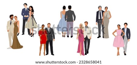 Diverse of multiracial and multinational couples wearing evening formal outfits for celebration, wedding, event, party. Happy men and women in gorgeous clothes vector realistic illustration isolated Royalty-Free Stock Photo #2328658041