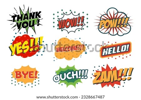 Vector set of comic speech bubbles in trendy pop art style. Hand drawn set of speech bubbles with phrases Yes, Hello, Thank you, Welcome, Wow, Bye, Zam, Ouch. Design elements in vector.