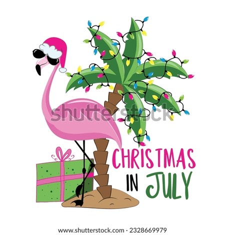 Christmas in July - Flamingo in Santa's hat. Palm tree decorated with Christmas lights garland,  isolated on white background. Good for greeting card, poster, banner textile print, and other.