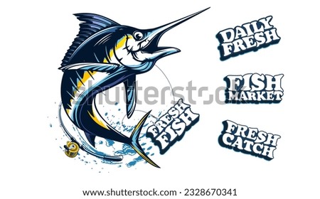 Marlin fishing logo vector  illustration. Swordfish fishing emblem isolated. Ocean fish logo. Saltwater fishing theme.