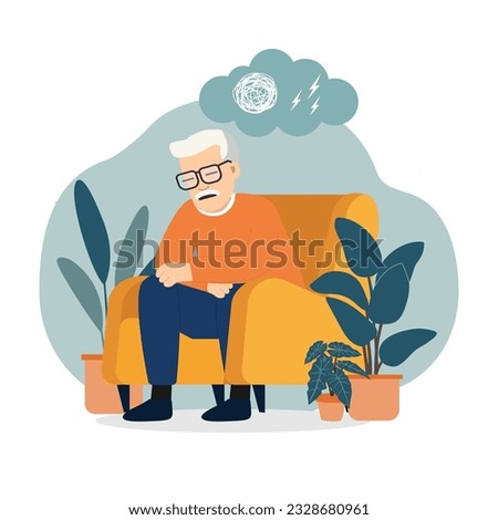 Anxious Senior Man Sitting on Sofa. Flat design style Vector Illustration.