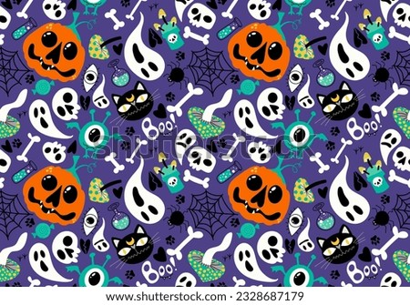 Halloween cartoon pumpkins and cat seamless bones and ghost and mushrooms and poison pattern for wrapping paper and fabrics and kids clothes print and packaging and accessories 