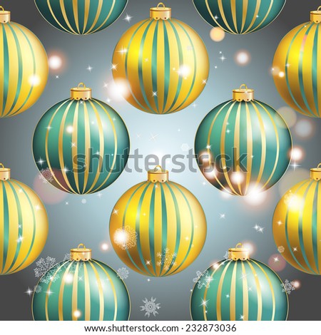 New Year pattern with Christmas ball. Christmas wallpaper with bow and ribbon. Sparkles and bokeh. Shiny and glowing