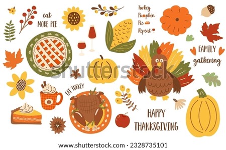 Thanksgiving dinner element set. Roasted turkey, pumpkin pie, corn. Vector traditional holiday meal, leaves, branches, fall berry, flowers, quotes, sayings. Hand drawn autumn cartoon illustration.
