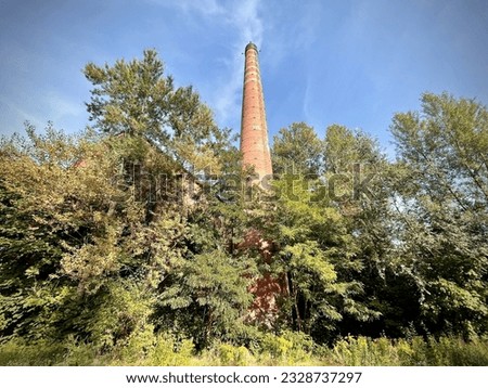 Abandoned factory with tall chimney, hidden among trees