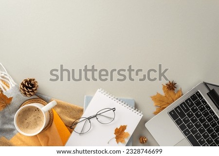 Coziness of working from home with laptop concept. Above view photo of empty notepad, laptop, cozy blanket, pinecones and spices, glasses and laptop on isolated grey background offering copy-space
